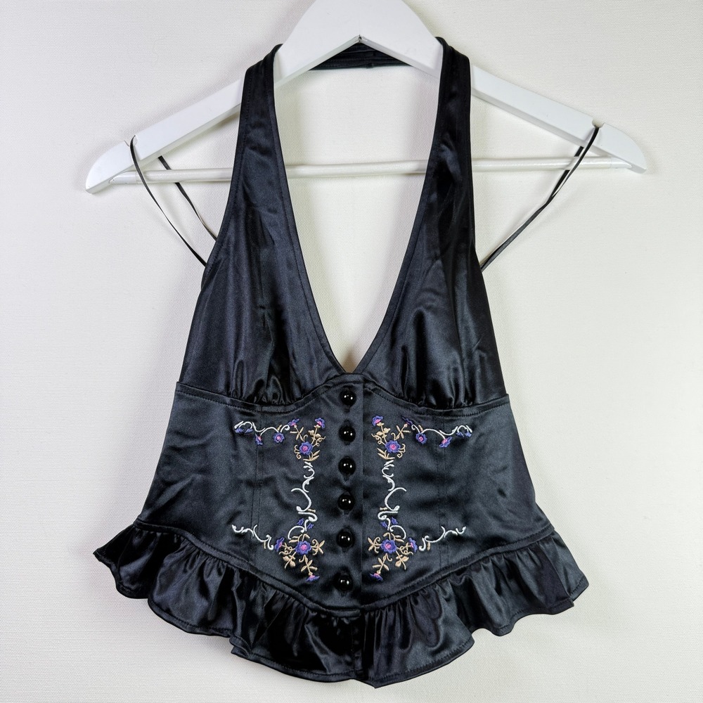 KIMCHI BLUE Black Embroidered Satin Corset Halter Top Small